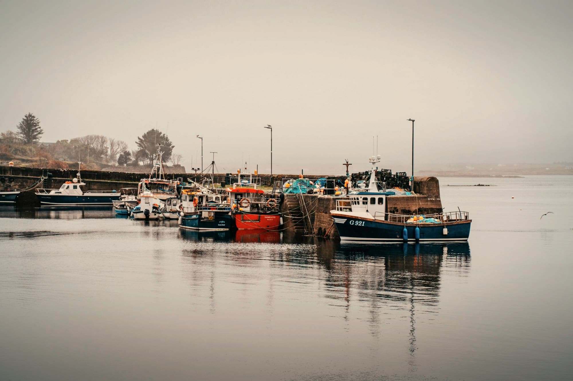 Small fishing boats moored in a harbour on a still, misty morning.